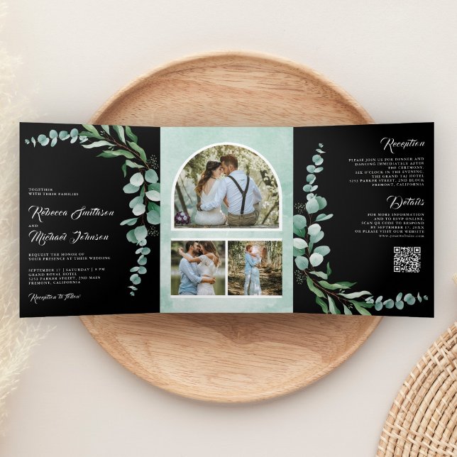 Invitación Tríptica Código QR de foto de rama de eucalipto boda negra (Subido por el creador)