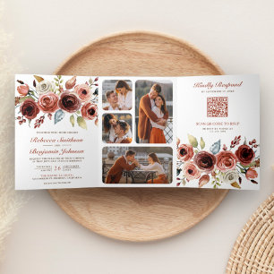 Invitación Tríptica Código QR de Foto Floral Acuarela Terracota Boda