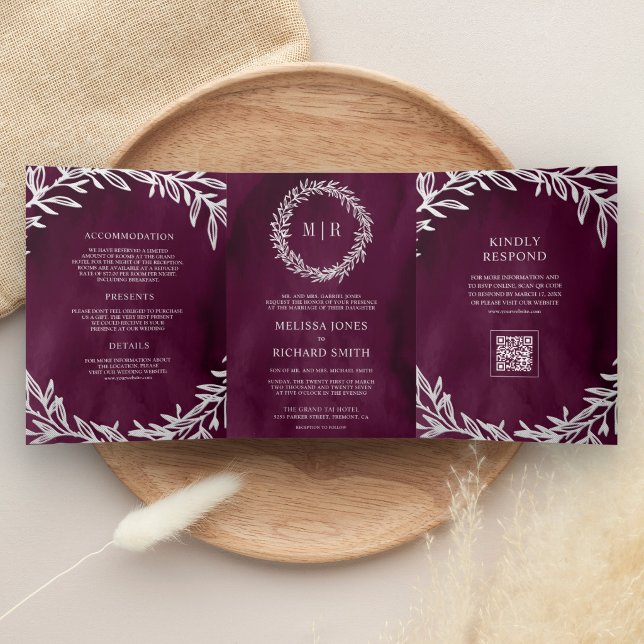 Invitación Tríptica Código QR de la rama de hoja de plata de ciruela B (Subido por el creador)