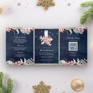 Invitación Tríptica Código QR de la vela de Navidad Poinsettia boda na