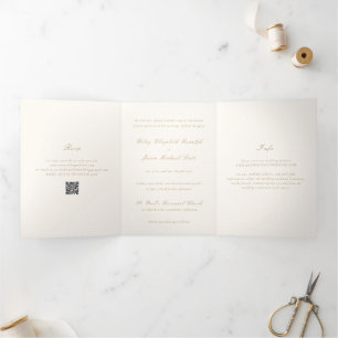 Invitación Tríptica Código QR de marfil y oro limpio Boda elegante