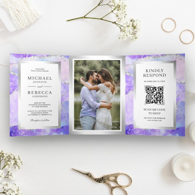 Invitación Tríptica Código QR de Mármol de Ágata Púrpura Lavanda Boda (Subido por el creador)