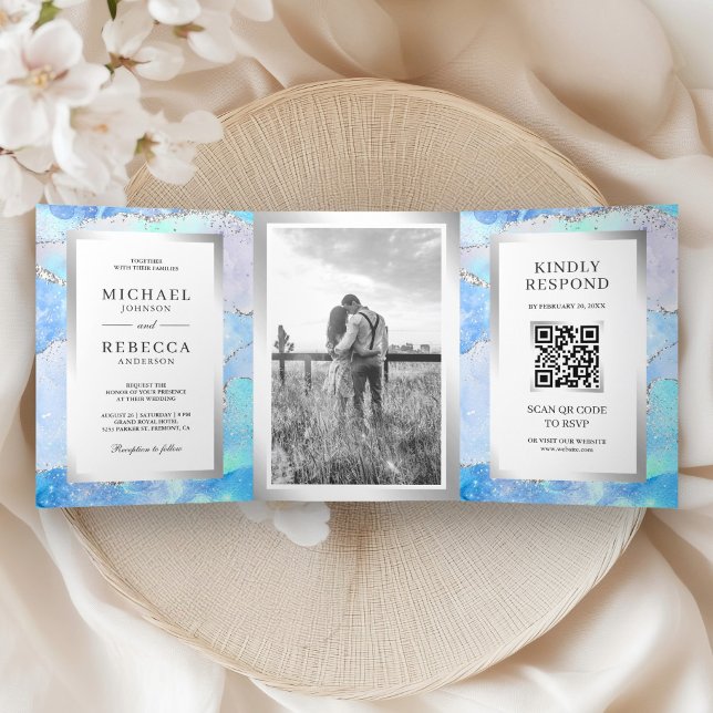 Invitación Tríptica Código QR de Mármol de Plata Azul Pastel Boda (Subido por el creador)