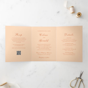 Invitación Tríptica Código QR de melocotón clásico elegante de boda