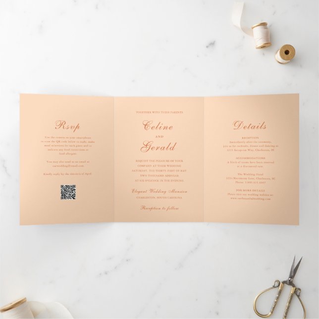 Invitación Tríptica Código QR de melocotón clásico elegante de boda (Interior)