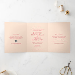Invitación Tríptica Código QR de melocotón moderno elegante de boda
