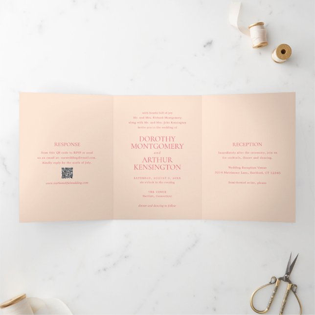Invitación Tríptica Código QR de melocotón moderno elegante de boda (Interior)