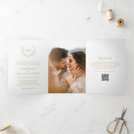 Invitación Tríptica Código QR de Monograma de Corona de Oro para Boda