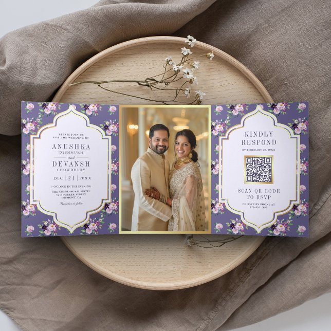 Invitación Tríptica Código QR de Patrón Floral de Periwinkle para Boda (Subido por el creador)