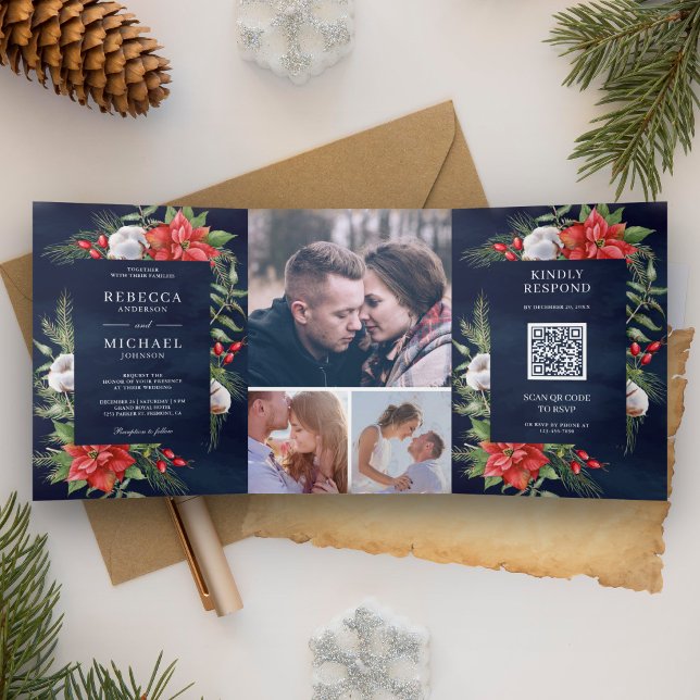 Invitación Tríptica Código QR de Poinsettia Rústica Navidad Boda Marin (Subido por el creador)