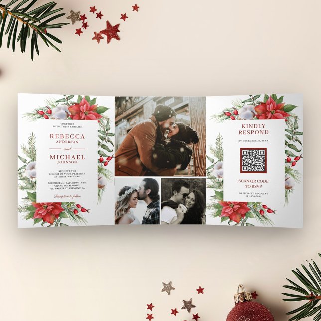 Invitación Tríptica Código QR de Poinsettia Rústica para Boda de Navid (Subido por el creador)