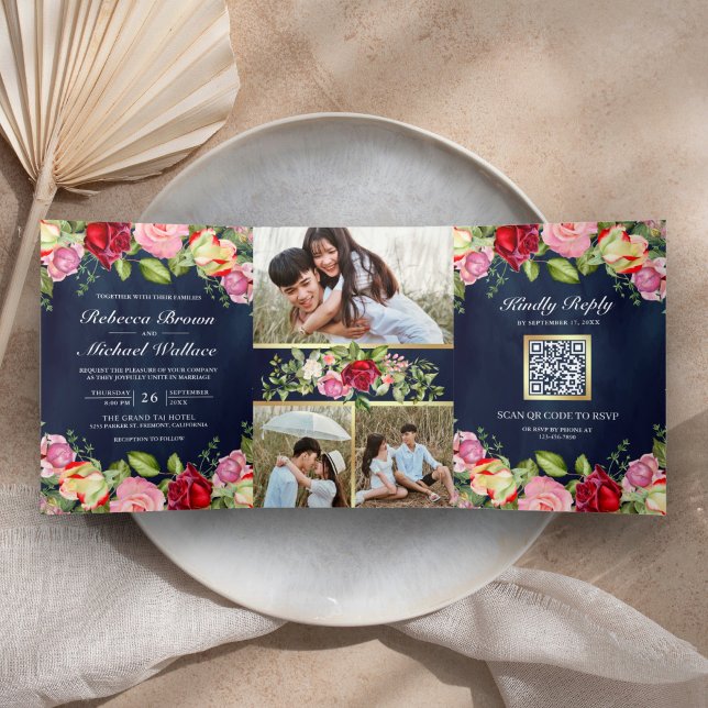 Invitación Tríptica Código QR de Rosas Rojas Rosadas Románticas Boda A (Subido por el creador)
