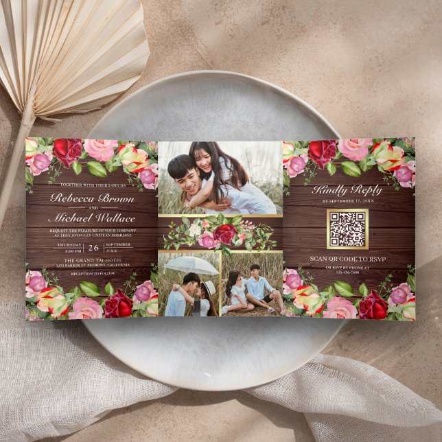Invitación Tríptica Código QR de rosas rosadas y rojas románticas Boda (Subido por el creador)
