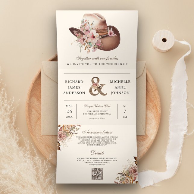 Invitación Tríptica Código QR de sombrero floral vaquero occidental rú (Subido por el creador)