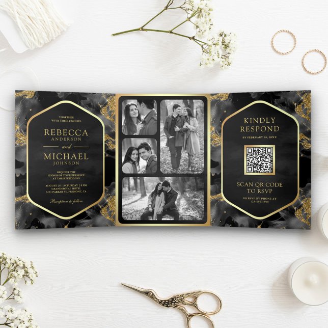 Invitación Tríptica Código QR de Tinta Fluida Abstracta Oro Carbón Bod (Subido por el creador)