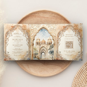 Invitación Tríptica Código QR del Arco del Antiguo Palacio Árabe Boda 