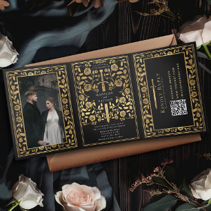 Invitación Tríptica Código QR del Boda de espadas medievales negro rea