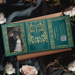 Invitación Tríptica Código QR del Boda de espadas medievales verde azu