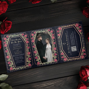 Invitación Tríptica Código QR del Boda gótico azul de la parte Muerte