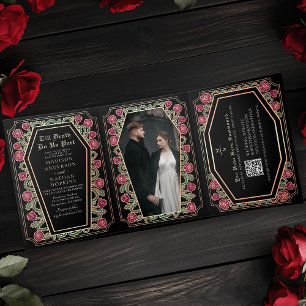 Invitación Tríptica Código QR del Boda gótico negro de la parte de la 