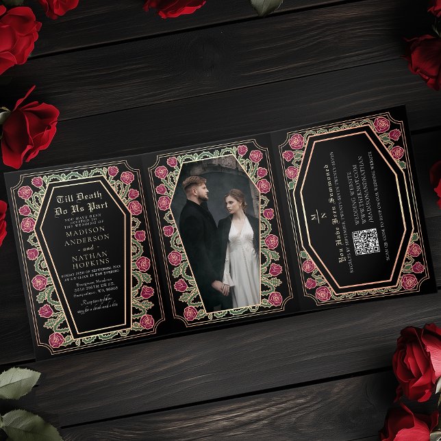 Invitación Tríptica Código QR del Boda gótico negro de la parte de la  (Subido por el creador)