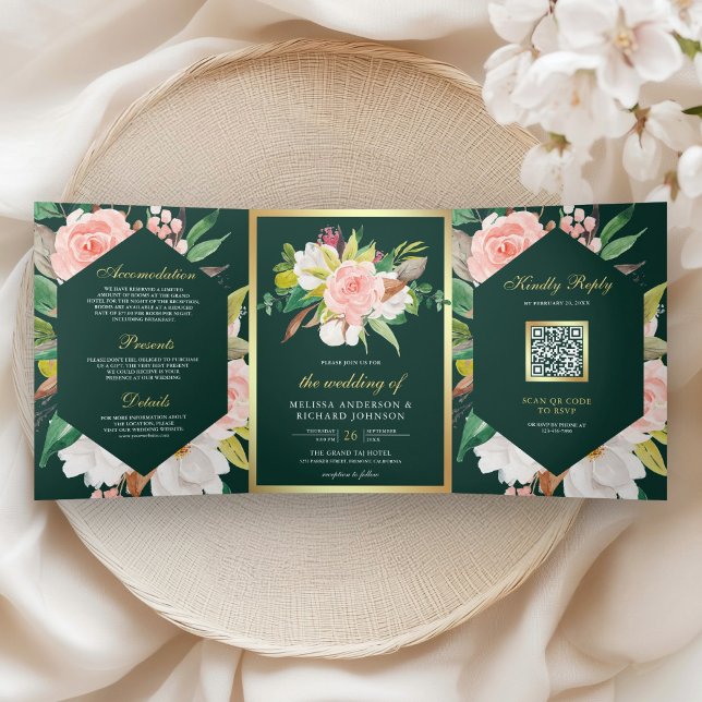 Invitación Tríptica Código QR dorado floral rosa boda esmeralda verde (Subido por el creador)
