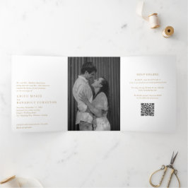 Invitación Tríptica Código QR dorado minimalista para boda moderna en