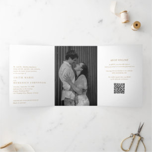 Invitación Tríptica Código QR dorado minimalista para boda moderna en