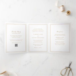 Invitación Tríptica Código QR Dorado Tradicional Matrimonio Atemporal