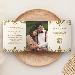 Invitación Tríptica Código QR étnico de Damasco marrón marfil Boda ind