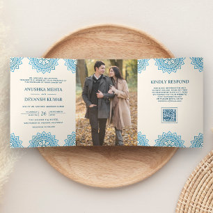 Invitación Tríptica Código QR Étnico Mandala Azul Marfil Boda India