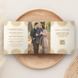 Invitación Tríptica Código QR étnico mandala marrón marfil Boda india