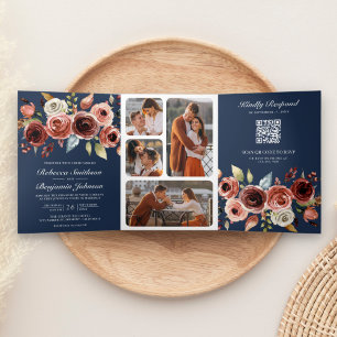 Invitación Tríptica Código QR floral acuarela terracota boda navy