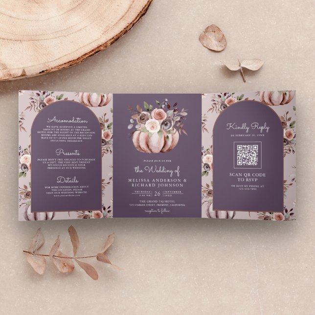 Invitación Tríptica Código QR Floral de Calabaza Neutral Rosa Bodas Pá (Subido por el creador)