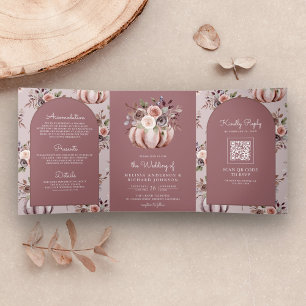 Invitación Tríptica Código QR Floral de Calabaza Neutral Rosa Polvo Bo