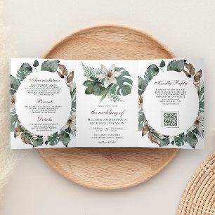 Invitación Tríptica Código QR Floral de Hojas Tropicales Acuarela Boda