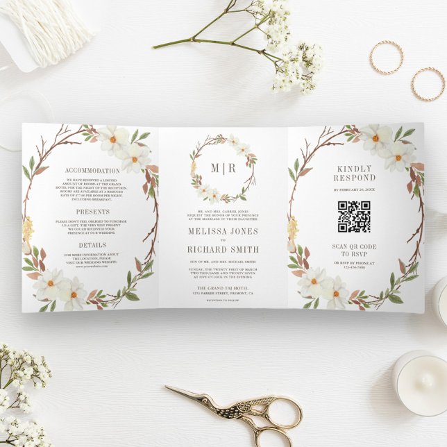 Invitación Tríptica Código QR Floral de Magnolia Blanca Rústica para B (Subido por el creador)