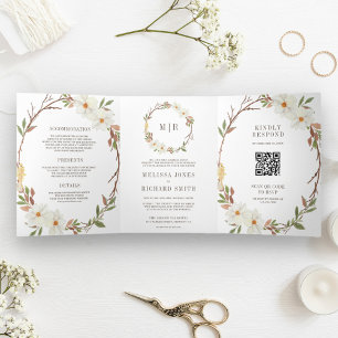 Invitación Tríptica Código QR Floral de Magnolia Blanca Rústica para B