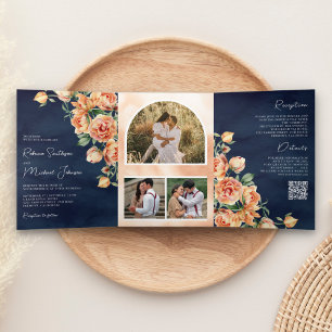Invitación Tríptica Código QR Floral de Melocotón Terroso Rústico Boda