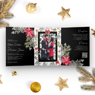 Invitación Tríptica Código QR Floral de Nochebuena Negro Boda de Navid