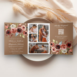 Invitación Tríptica Código QR Floral de Terracota Beige Claro Boda