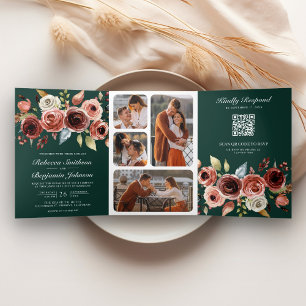 Invitación Tríptica Código QR Floral de Terracota Boda Verde Esmeralda
