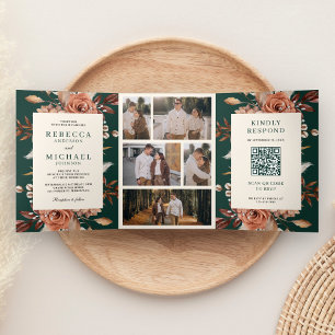 Invitación Tríptica Código QR Floral de Terracota de Crema Boda Esmera