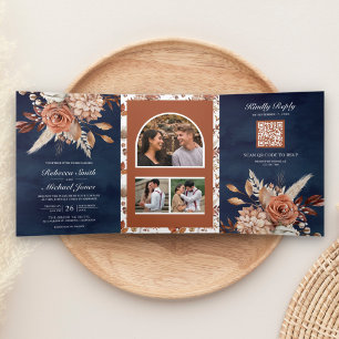 Invitación Tríptica Código QR floral de terracota todo en uno boda Nav