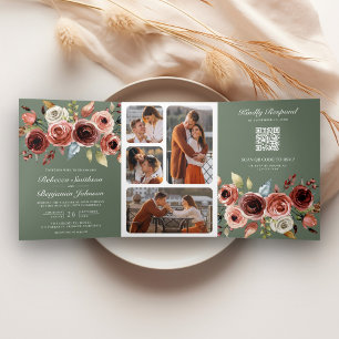 Invitación Tríptica Código QR Floral de Terracota Verde Salvia Boda