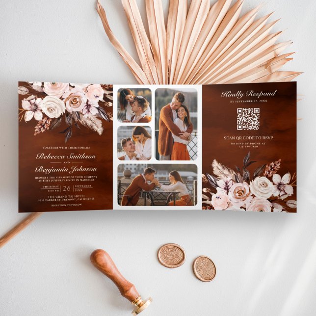 Invitación Tríptica Código QR Floral Marfil Terroso Boda Terracota (Subido por el creador)