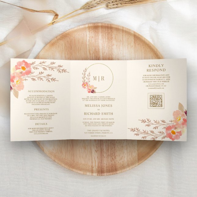 Invitación Tríptica Código QR Floral Orquídea Melocotón Boho Boda Marf (Subido por el creador)
