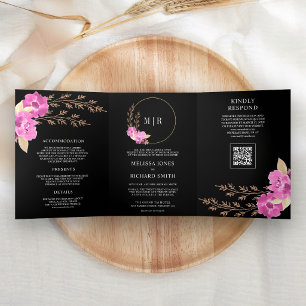 Invitación Tríptica Código QR Floral Orquídea Rosa Magenta Boda Negra