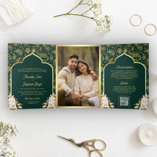 Invitación Tríptica Código QR Floral Paisley de Oro Esmeralda Boda Ind