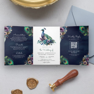 Invitación Tríptica Código QR Floral Pluma de Pavo Real Azul Marino Bo